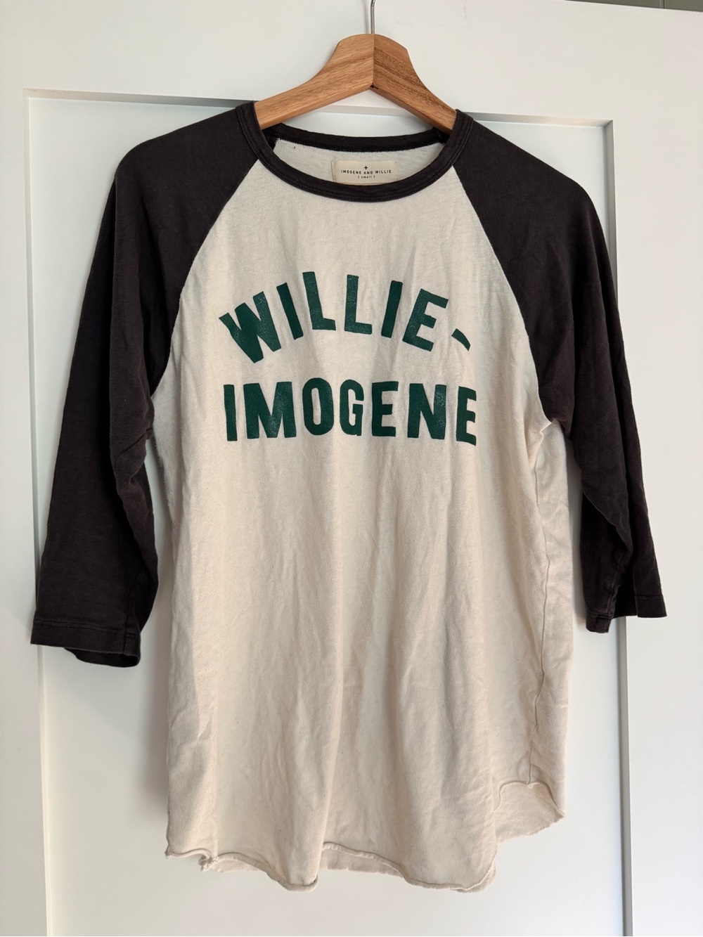 imogene + willie Black Sleeve Cream Baseball Tee with Green Logo